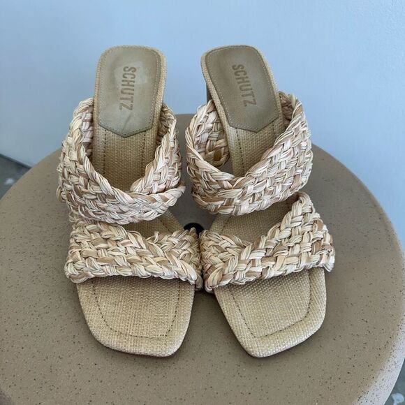 Schultz Women’s Amani Straw Beige Tan Block Heel Slip On Sandal - Picture 4 of 10
